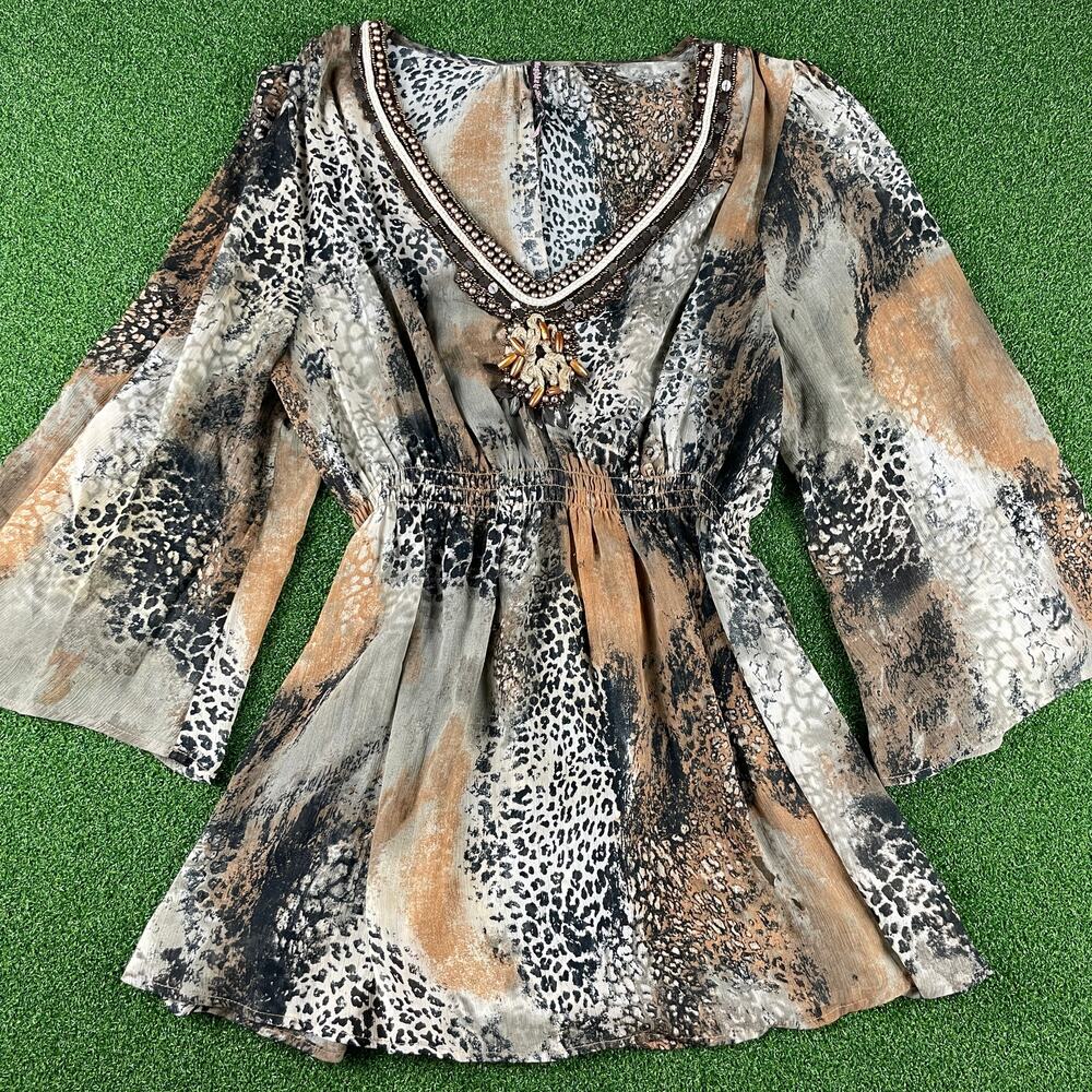 Vintage Y2K Mushbaby Sheer Animal Print Whimsy Boho Beaded Blouse Sz L